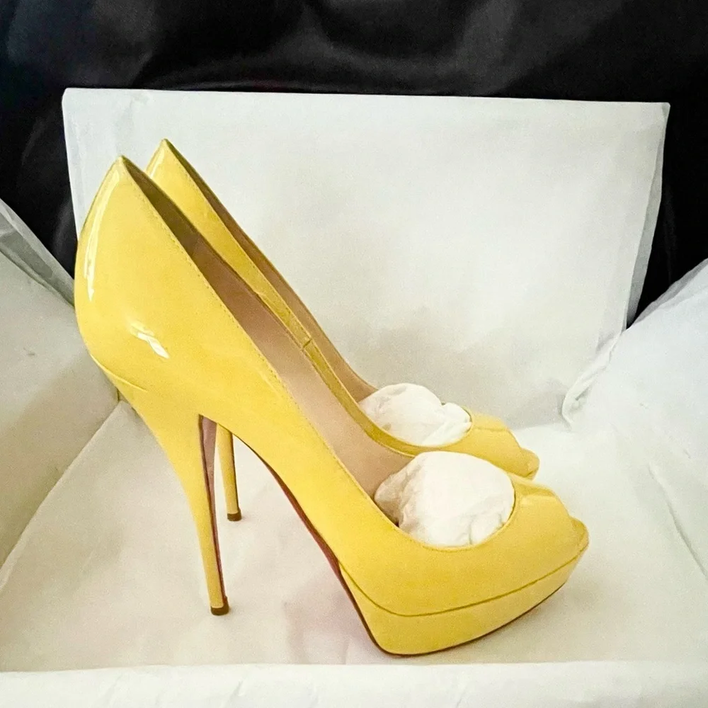 Christian Louboutin ladypeep 140 glossy patent leather yellow peeptoe pumps 38.5